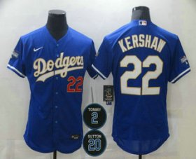 Wholesale Cheap Men\'s Los Angeles Dodgers #22 Clayton Kershaw Blue Gold #2 #20 Patch Stitched MLB Flex Base Nike Jersey