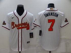 Wholesale Cheap Men\'s Atlanta Braves#7 Dansby Swanson 2022 White Gold World Series Champions Program Cool Base Stitched Baseball Jersey
