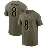 Wholesale Cheap Men's Baltimore Ravens #8 Lamar Jackson 2022 Olive Salute to Service T-Shirt