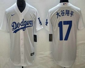 Cheap Men\'s Los Angeles Dodgers #17 Shohei Ohtani White Japanese Name Cool Base Jersey