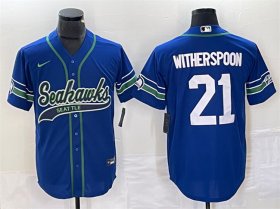 Men\'s Seattle Seahawks #21 Devon Witherspoon Royal Throwback Cool Base Stitched Baseball Jersey