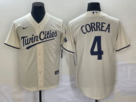 Wholesale Cheap Men\'s Minnesota Twins #4 Carlos Correa Cream 2022 City Connect Cool Base Stitched Jersey