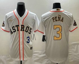 Cheap Mens Houston Astros #3 Jeremy Pena 2023 White Gold World Serise Champions Patch Cool Base Stitched Jersey