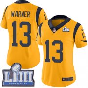 Wholesale Cheap Nike Rams #13 Kurt Warner Gold Super Bowl LIII Bound Women's Stitched NFL Limited Rush Jersey