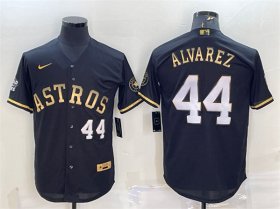 Wholesale Cheap Men\'s Houston Astros #44 Yordan Alvarez Black Gold 2022 World Series Stitched Baseball Jersey