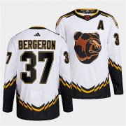 Wholesale Cheap Men's Boston Bruins #37 Patrice Bergeron 2022 White Reverse Retro Stitched Jersey