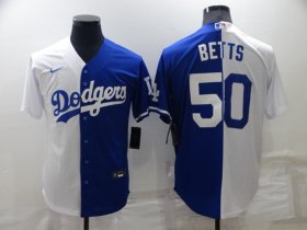 Wholesale Cheap Men\'s Los Angeles Dodgers #50 Mookie Betts White Blue Split Cool Base Stitched Baseball Jersey
