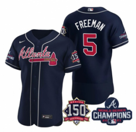 Wholesale Cheap Men\'s Navy Atlanta Braves #5 Freddie Freeman 2021 World Series Champions With 150th Anniversary Flex Base Stitched Jersey