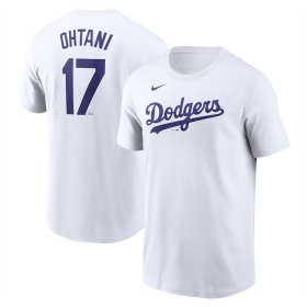 Cheap Men\'s Los Angeles Dodgers #17 Shohei Ohtani White 2024 Fuse Name & Number T-Shirt