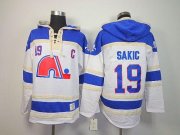 Wholesale Cheap Nordiques #19 Joe Sakic White Sawyer Hooded Sweatshirt Stitched NHL Jersey