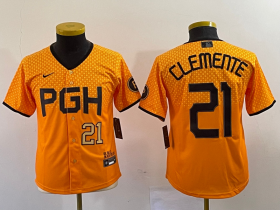 Wholesale Cheap Youth Pittsburgh Pirates #21 Roberto Clemente Number Yellow 2023 City Connect Stitched Jersey1