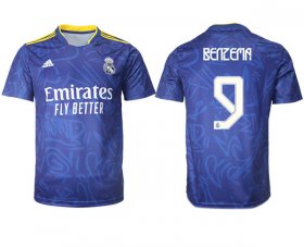 Wholesale Cheap Men\'s Real Madrid #9 Karim Benzema 2021-22 Blue Away Soccer Jersey