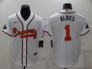 Wholesale Cheap Men's Atlanta Braves #1 Ozzie Albies 2022 White Gold World Series Champions Program Cool Base Stitched Baseball Jersey