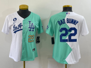 Wholesale Women's Los Angeles Dodgers #22 Bad Bunny White Green Two Tone 2022 Celebrity Softball Game Cool Base Jersey