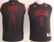 Cheap Chicago Bulls #1 Derrick Rose All Black With White Red Kids Jersey
