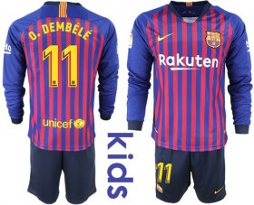 Wholesale Cheap Barcelona #11 O.Dembele Home Long Sleeves Kid Soccer Club Jersey
