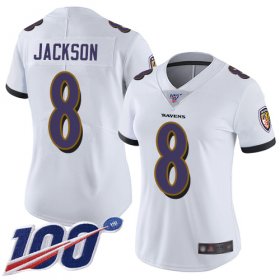 Wholesale Cheap Nike Ravens #8 Lamar Jackson White Women\'s Stitched NFL 100th Season Vapor Limited Jersey
