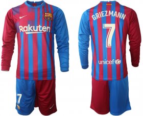 Wholesale Cheap Men 2021-2022 Club Barcelona home red blue Long Sleeve 7 Nike Soccer Jersey