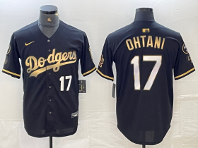 Cheap Men\'s Los Angeles Dodgers #17 Shohei Ohtani Number Black Gold Stitched Cool Base Nike Jerseys