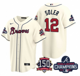 Wholesale Cheap Men\'s Cream Atlanta Braves #12 Jorge Soler 2021 World Series Champions With 150th Anniversary Patch Cool Base Stitched Jersey