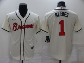 Wholesale Cheap Men\'s Atlanta Braves #1 Ozzie Albies Cream Cool Base Stitched Jersey