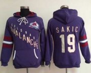 Wholesale Cheap Colorado Avalanche #19 Joe Sakic Purple Women's Old Time Heidi NHL Hoodie