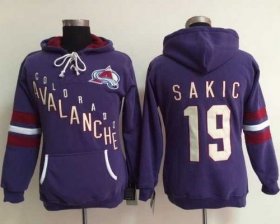 Wholesale Cheap Colorado Avalanche #19 Joe Sakic Purple Women\'s Old Time Heidi NHL Hoodie