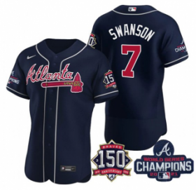 Wholesale Cheap Men\'s Navy Atlanta Braves #7 Dansby Swanson 2021 World Series Champions With 150th Anniversary Flex Base Stitched Jersey