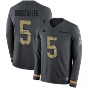 Wholesale Cheap Nike Panthers #5 Teddy Bridgewater Anthracite Salute to Service Youth Stitched NFL Limited Therma Long Sleeve Jersey