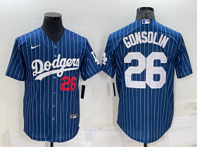 Wholesale Men\'s Los Angeles Dodgers #26 Tony Gonsolin Number Red Navy Blue Pinstripe Stitched MLB Cool Base Nike Jersey