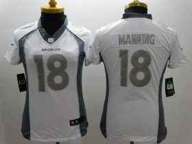 Wholesale Cheap Nike Broncos #18 Peyton Manning White Women\'s Stitched NFL Limited Platinum Jersey