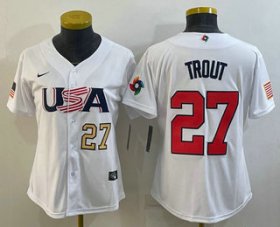 Cheap Women\'s USA Baseball #27 Mike Trout Number 2023 White World Classic Replica Stitched Jerseys