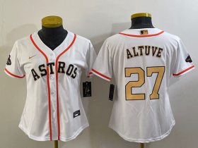 Cheap Women\'s Houston Astros #27 Jose Altuve 2023 White Gold World Serise Champions Patch Cool Base Stitched Jersey