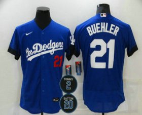 Wholesale Cheap Men\'s Los Angeles Dodgers #21 Walker Buehler Blue #2 #20 Patch City Connect Flex Base Stitched Jersey