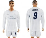 Wholesale Cheap Real Madrid #9 Benzema Marine Environmental Protection Home Long Sleeves Soccer Club Jersey