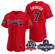 Wholesale Cheap Men's Red Atlanta Braves #7 Dansby Swanson 2021 World Series Champions With 150th Anniversary Flex Base Stitched Jersey