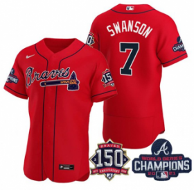 Wholesale Cheap Men\'s Red Atlanta Braves #7 Dansby Swanson 2021 World Series Champions With 150th Anniversary Flex Base Stitched Jersey