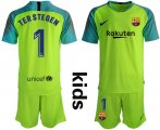 Wholesale Cheap Barcelona #1 Ter Stegen Shiny Green Goalkeeper Kid Soccer Club Jersey