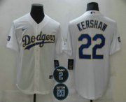 Wholesale Cheap Men's Los Angeles Dodgers #22 Clayton Kershaw White Gold #2 #20 Patch Stitched MLB Cool Base Nike Jersey
