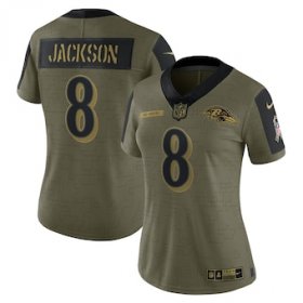 Wholesale Cheap Women\'s Baltimore Ravens #8 Lamar Jackson Nike Olive 2021 Salute To Service Limited Player Jersey