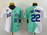 Wholesale Womens Los Angeles Dodgers #22 Bad Bunny White Green Two Tone 2022 Celebrity Softball Game Cool Base Jersey