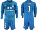 Wholesale Cheap Lyon #1 Lopes Blue Goalkeeper Long Sleeves Soccer Club Jersey