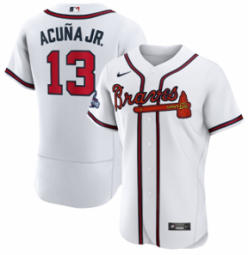 Wholesale Cheap Men\'s White Atlanta Braves #13 Ronald Acuna Jr. 2021 World Series Champions Stitched Baseball Jersey
