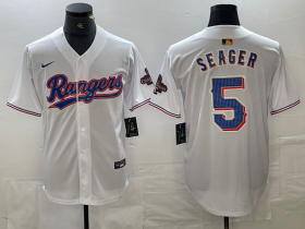 Cheap Men\'s Texas Rangers #5 Corey Seager White 2023 World Series Champions Cool Base Jersey