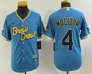 Wholesale Cheap Youth Milwaukee Brewers #4 Paul Molitor Blue 2022 City Connect Cool Base Stitched Jersey