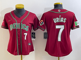 Cheap Women\'s Mexico Baseball #7 Julio Urias Number 2023 Red World Baseball Classic Stitched Jersey2