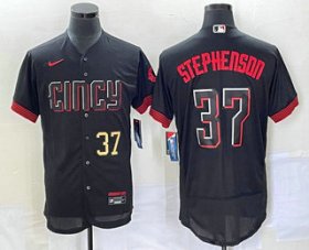 Wholesale Cheap Men\'s Cincinnati Reds #37 Tyler Stephenson Number Black 2023 City Connect Flex Base Stitched Jersey 1
