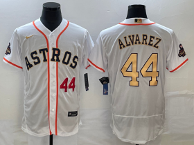 Wholesale Cheap Men\'s Houston Astros #44 Yordan Alvarez Number 2023 White Gold World Serise Champions Patch Flex Base Stitched Jersey2
