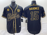 Wholesale Cheap Men's Kansas City Chiefs #15 Patrick Mahomes Black Gold C Patch Cool Base Stitched Baseball Jersey
