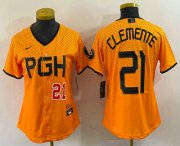 Wholesale Cheap Women's Pittsburgh Pirates #21 Roberto Clemente Number Yellow 2023 City Connect Stitched Jersey1
